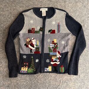 Tiara International Sweater Women’s Large Ugly Christmas Blue‎ Zip Beads Holiday